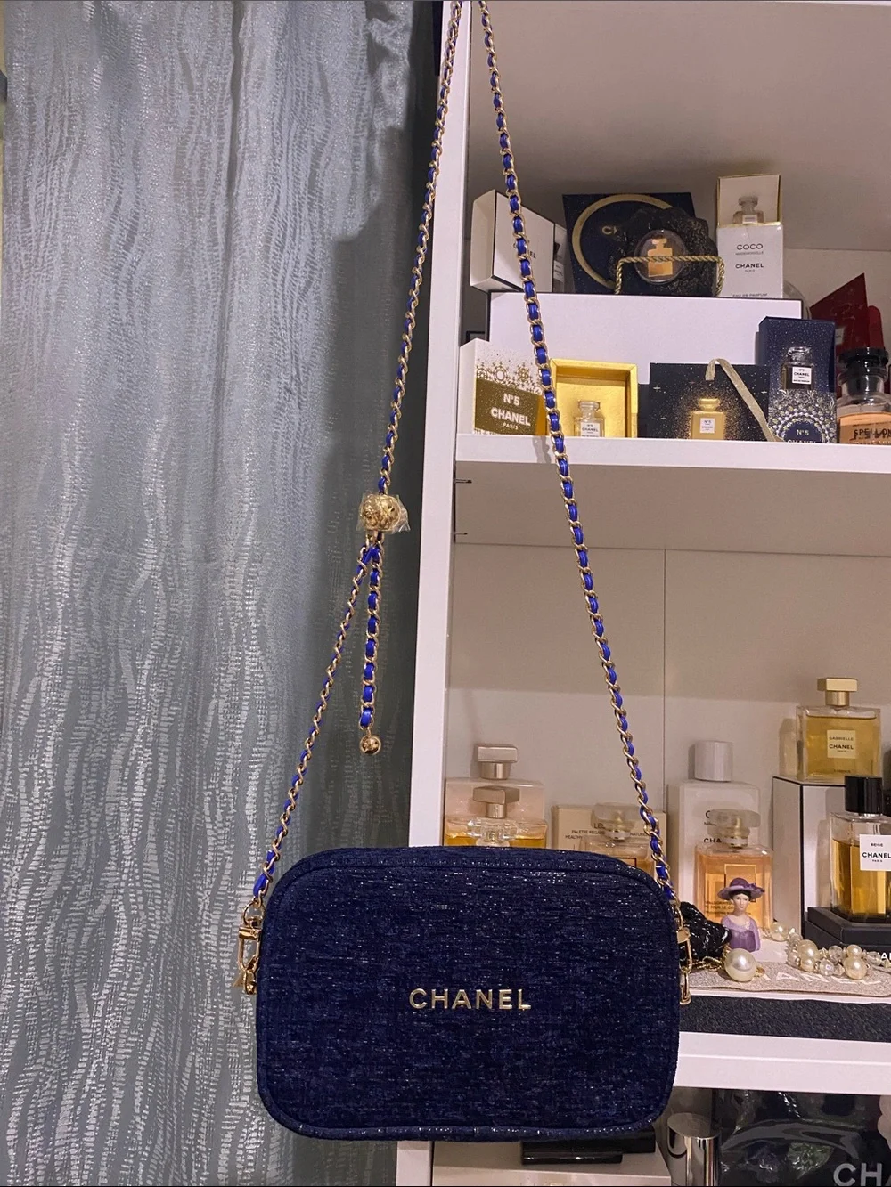 CHANEL Navy Blue Quilted Crossbody Camera Bag with Gold Chain